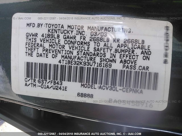 4T1BE32K93U716169 - 2003 TOYOTA CAMRY LE/XLE/SE მწვანე ფოტო 9