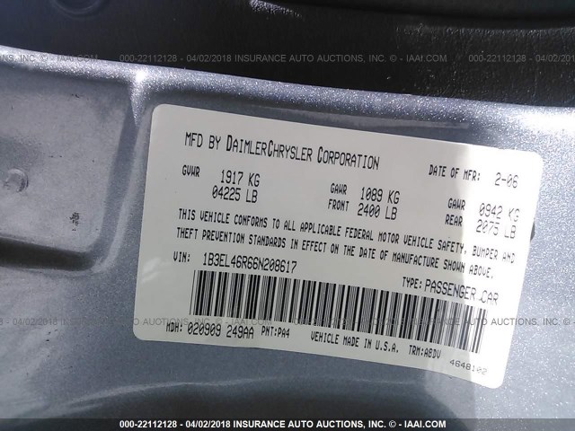 1B3EL46R66N208617 - 2006 DODGE STRATUS SXT GRAY photo 9