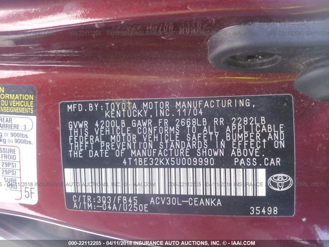 4T1BE32KX5U009990 - 2005 TOYOTA CAMRY LE/XLE/SE RED photo 9