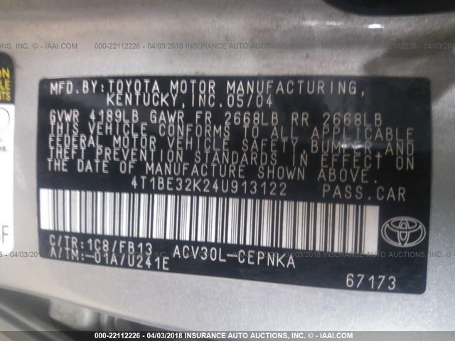 4T1BE32K24U913122 - 2004 TOYOTA CAMRY LE/XLE/SE 银色 照片 9