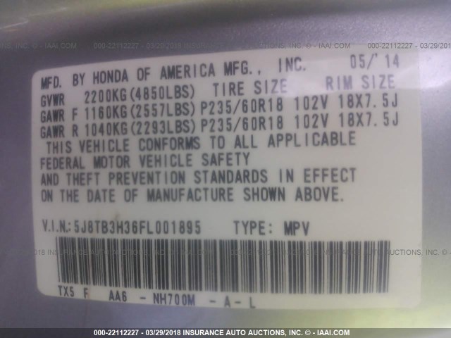 5J8TB3H36FL001895 - 2015 ACURA RDX SILVER photo 9