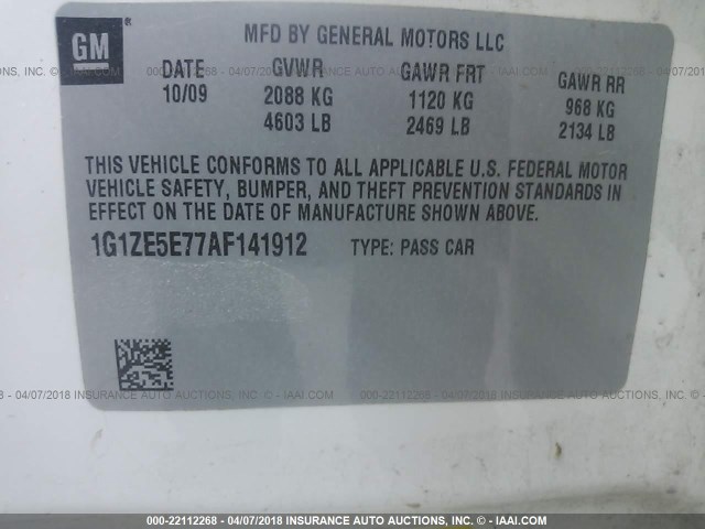 1G1ZE5E77AF141912 - 2010 CHEVROLET MALIBU LTZ WHITE photo 9