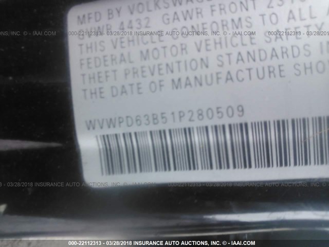 WVWPD63B51P280509 - 2001 VOLKSWAGEN PASSAT GLS BLACK photo 9