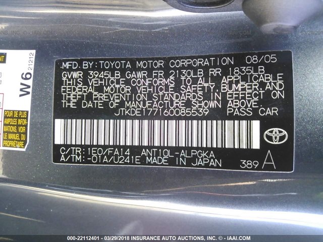 JTKDE177160085539 - 2006 TOYOTA SCION TC 灰色 照片 9
