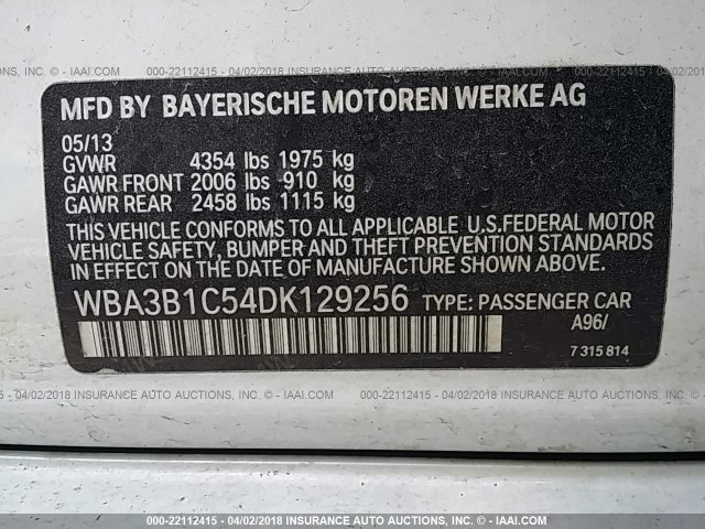 WBA3B1C54DK129256 - 2013 BMW 320 I WHITE photo 9