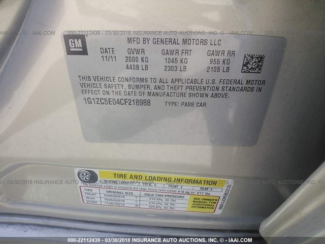 1G1ZC5E04CF218988 - 2012 CHEVROLET MALIBU 1LT 金色 照片 9