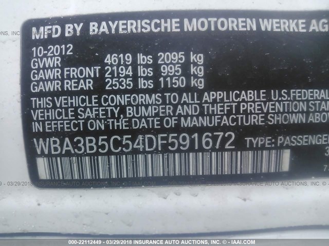 WBA3B5C54DF591672 - 2013 BMW 328 XI SULEV WHITE photo 9