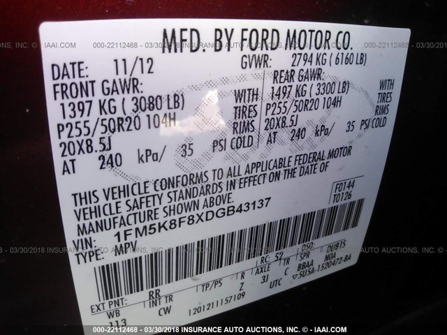 1FM5K8F8XDGB43137 - 2013 FORD EXPLORER LIMITED 红色 照片 9