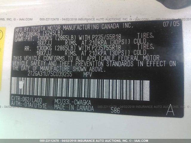 2T2GA31U75C039255 - 2005 LEXUS RX 330 WHITE photo 9