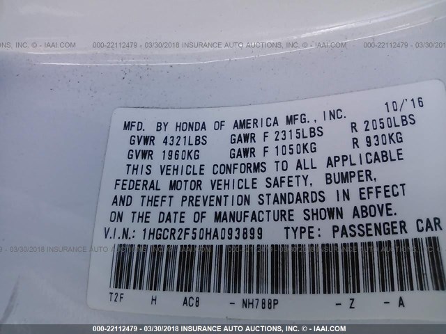 1HGCR2F50HA093899 - 2017 HONDA ACCORD SPORT თეთრი ფოტო 9