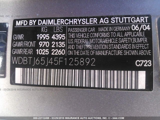 WDBTJ65J45F125892 - 2005 MERCEDES-BENZ CLK 320C GRAY photo 9