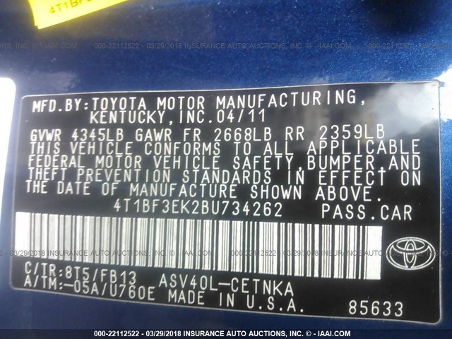 4T1BF3EK2BU734262 - 2011 TOYOTA CAMRY SE/LE/XLE BLUE photo 9