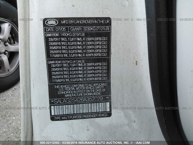 SALAG25426A352029 - 2006 LAND ROVER LR3 HSE WHITE photo 9