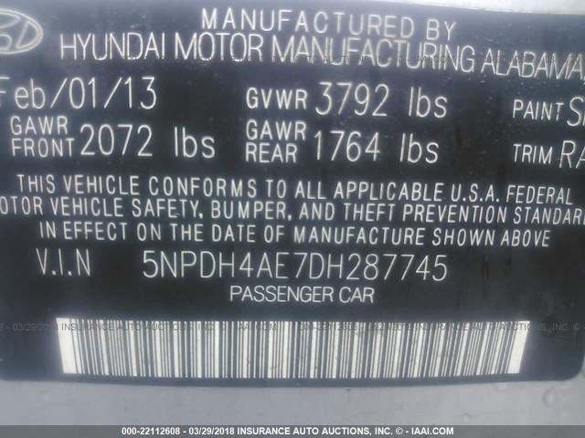 5NPDH4AE7DH287745 - 2013 HYUNDAI ELANTRA GLS/LIMITED SILVER photo 9