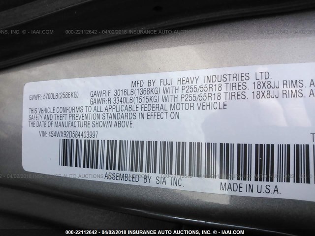 4S4WX92D584403997 - 2008 SUBARU TRIBECA LIMITED GRAY photo 9