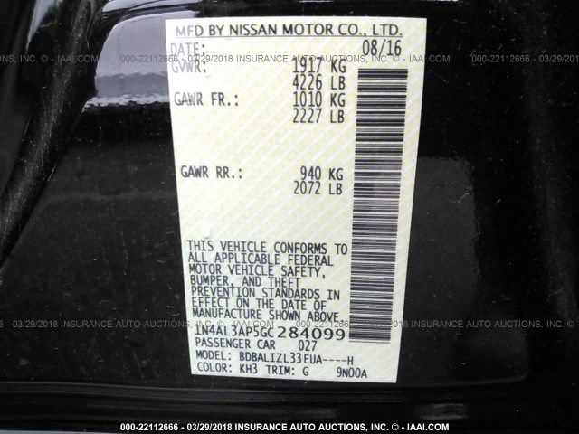 1N4AL3AP5GC284099 - 2016 NISSAN ALTIMA 2.5/S/SV/SL/SR BLACK photo 9