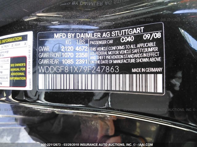 WDDGF81X79F247863 - 2009 MERCEDES-BENZ C 300 4MATIC BLACK photo 9