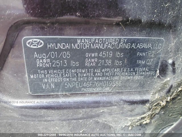 5NPEU46F76H019556 - 2006 HYUNDAI SONATA GLS/LX BURGUNDY photo 9