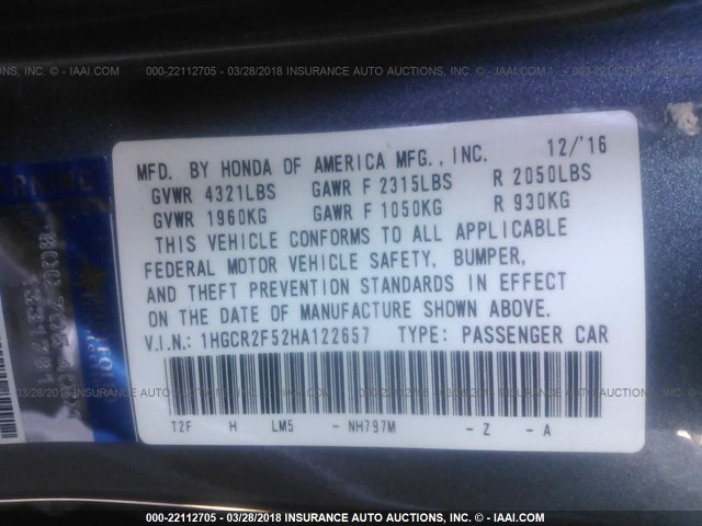 1HGCR2F52HA122657 - 2017 HONDA ACCORD SPORT ნაცრისფერი ფოტო 9