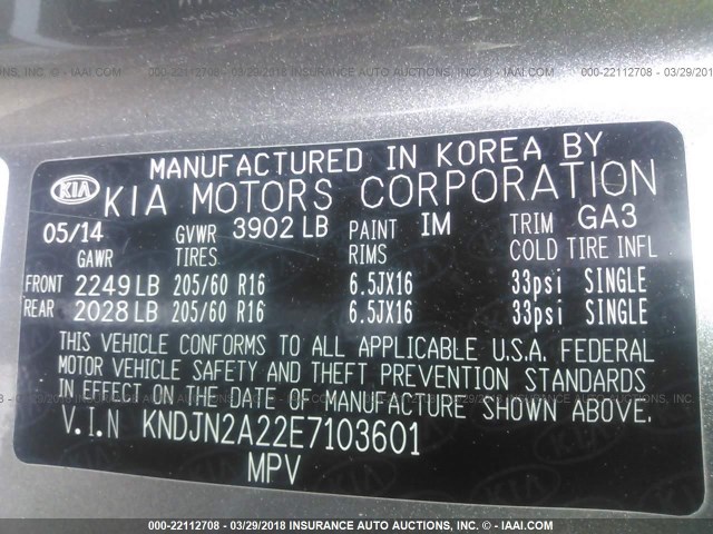 KNDJN2A22E7103601 - 2014 KIA SOUL GRAY photo 9