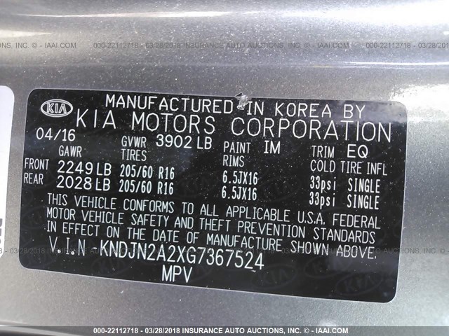 KNDJN2A2XG7367524 - 2016 KIA SOUL GRAY photo 9