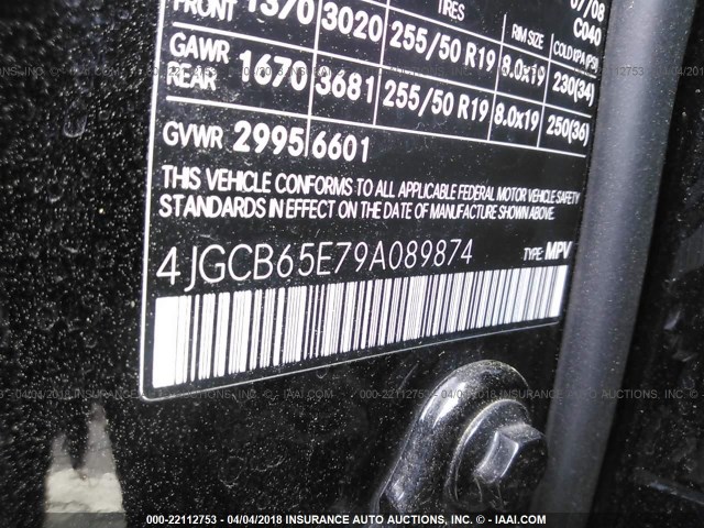 4JGCB65E79A089874 - 2009 MERCEDES-BENZ R 350 4MATIC BLACK photo 9