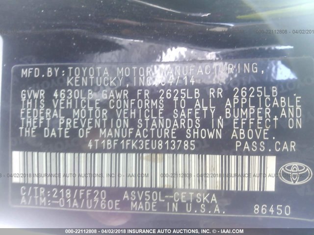 4T1BF1FK3EU813785 - 2014 TOYOTA CAMRY L/SE/LE/XLE 黑色 照片 9