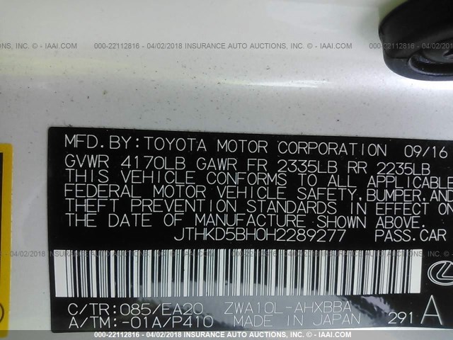 JTHKD5BH0H2289277 - 2017 LEXUS CT 200 WHITE photo 9