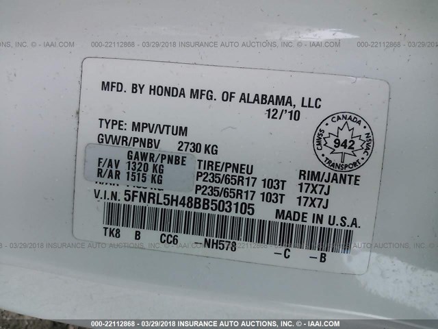 5FNRL5H48BB503105 - 2011 HONDA ODYSSEY EX WHITE photo 9