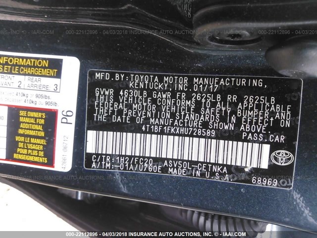 4T1BF1FKXHU728589 - 2017 TOYOTA CAMRY LE/XLE/SE/XSE BLACK photo 9