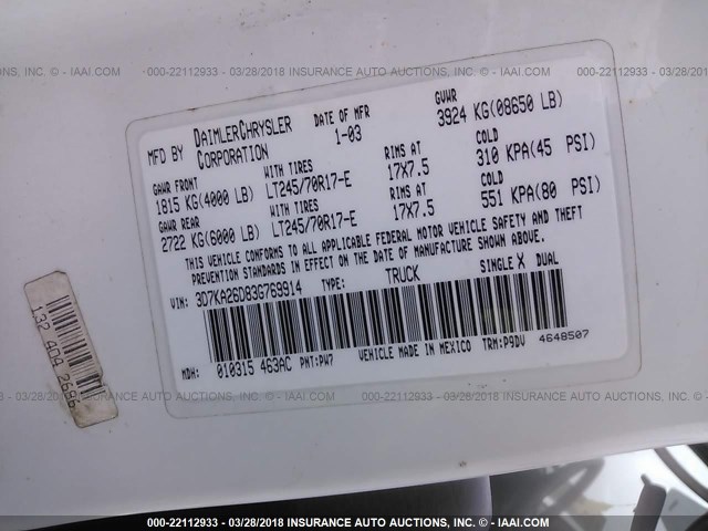 3D7KA26D83G769914 - 2003 DODGE RAM 2500 ST/SLT 白色 照片 9