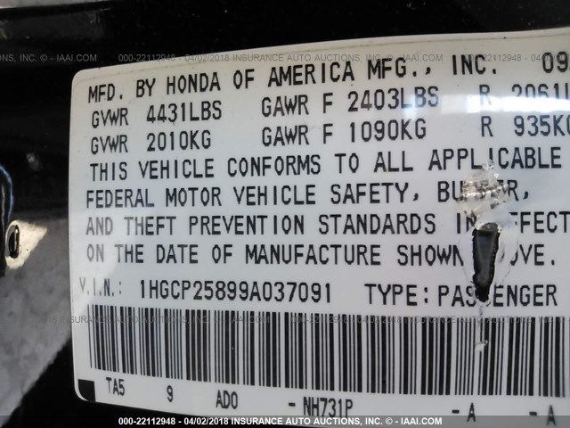 1HGCP25899A037091 - 2009 HONDA ACCORD EXL BLACK photo 9