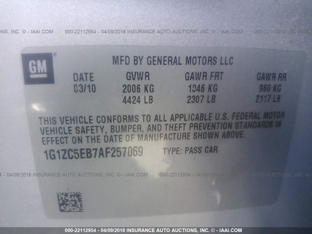 1G1ZC5EB7AF257069 - 2010 CHEVROLET MALIBU 1LT 银色 照片 9