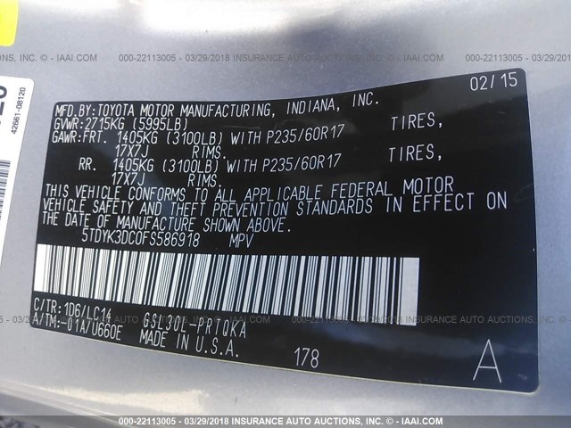 5TDYK3DC0FS586918 - 2015 TOYOTA SIENNA XLE/LIMITED SILVER photo 9