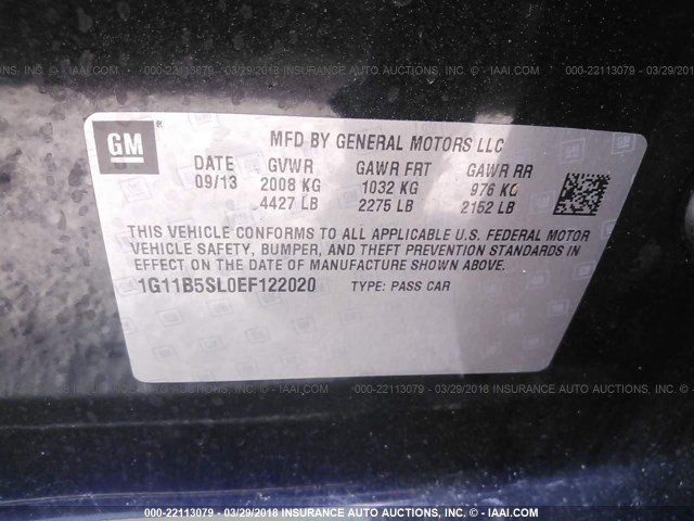 1G11B5SL0EF122020 - 2014 CHEVROLET MALIBU LS BLACK photo 9