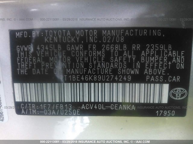 4T1BE46K89U274249 - 2009 TOYOTA CAMRY SE/LE/XLE 银色 照片 9