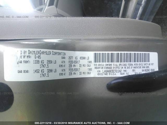 1J4GR48K95C721242 - 2005 JEEP GRAND CHEROKEE LAREDO/COLUMBIA/FREEDOM 金色 照片 9