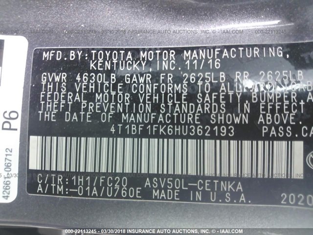 4T1BF1FK6HU362193 - 2017 TOYOTA CAMRY LE/XLE/SE/XSE GRAY photo 9
