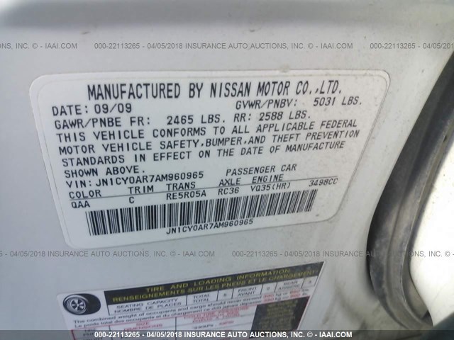 JN1CY0AR7AM960965 - 2010 INFINITI M35 SPORT WHITE photo 9