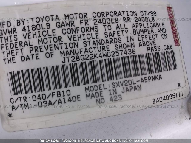 JT2BG22K4W0257436 - 1998 TOYOTA CAMRY CE/LE/XLE WHITE photo 9