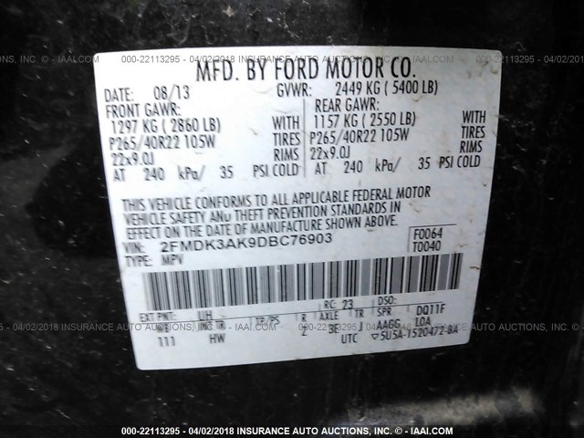 2FMDK3AK9DBC76903 - 2013 FORD EDGE SPORT BLACK photo 9