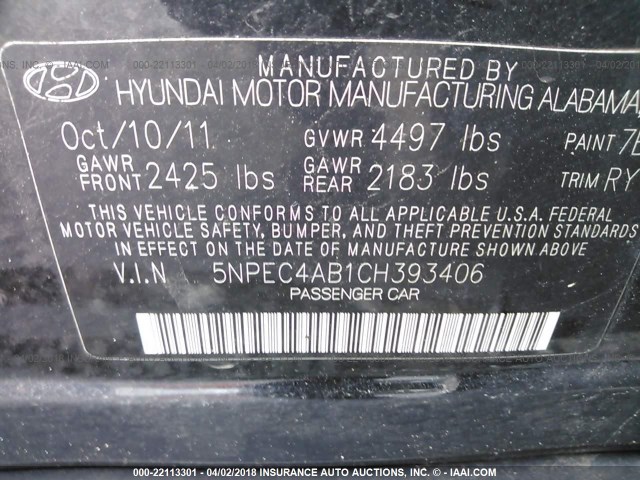 5NPEC4AB1CH393406 - 2012 HYUNDAI SONATA SE/LIMITED BLACK photo 9