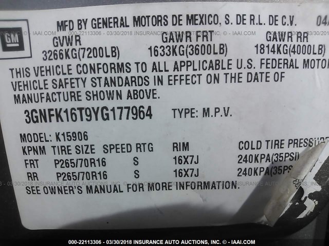 3GNFK16T9YG177964 - 2000 CHEVROLET SUBURBAN K1500 TAN photo 9