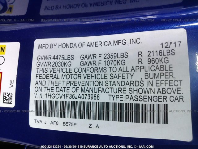 1HGCV1F36JA073988 - 2018 HONDA ACCORD SPORT ლურჯი ფოტო 9