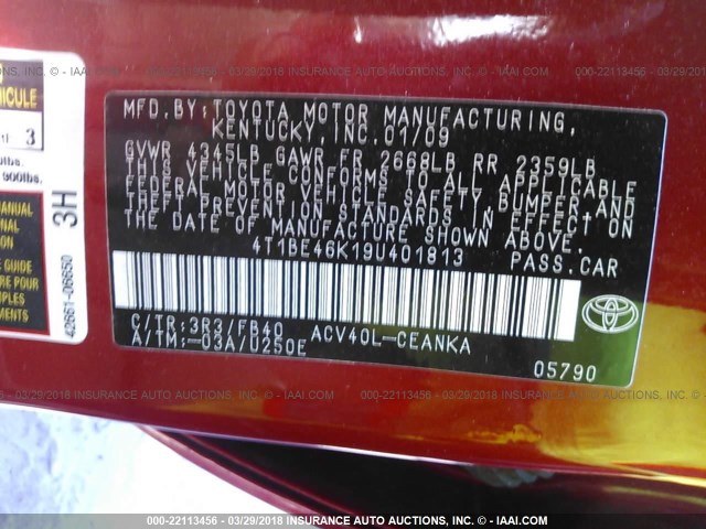 4T1BE46K19U401813 - 2009 TOYOTA CAMRY SE/LE/XLE RED photo 9