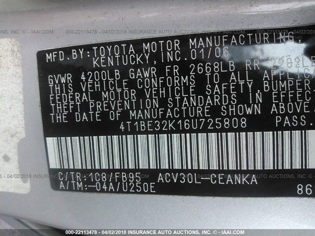 4T1BE32K16U725808 - 2006 TOYOTA CAMRY LE/XLE/SE 银色 照片 9