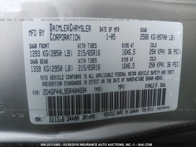 2D4GP44L95R404694 - 2005 DODGE GRAND CARAVAN SXT TAN photo 9