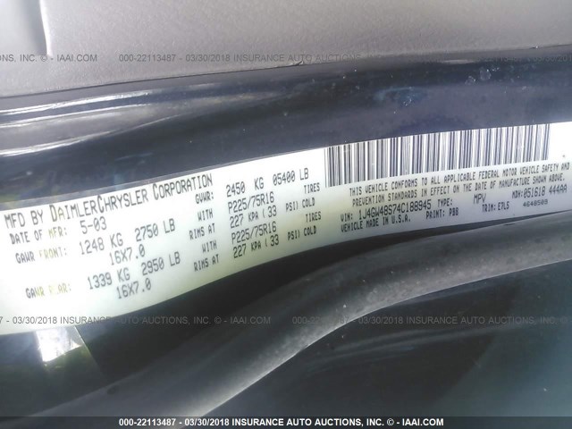 1J4GW48S74C188945 - 2004 JEEP GRAND CHEROKEE LAREDO/COLUMBIA/FREEDOM 蓝色 照片 9