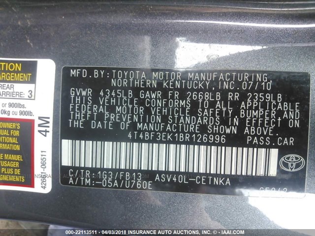 4T4BF3EK1BR126996 - 2011 TOYOTA CAMRY SE/LE/XLE Сұр фото 9