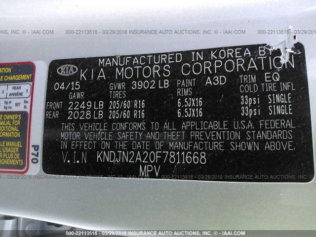 KNDJN2A20F7811668 - 2015 KIA SOUL SILVER photo 9